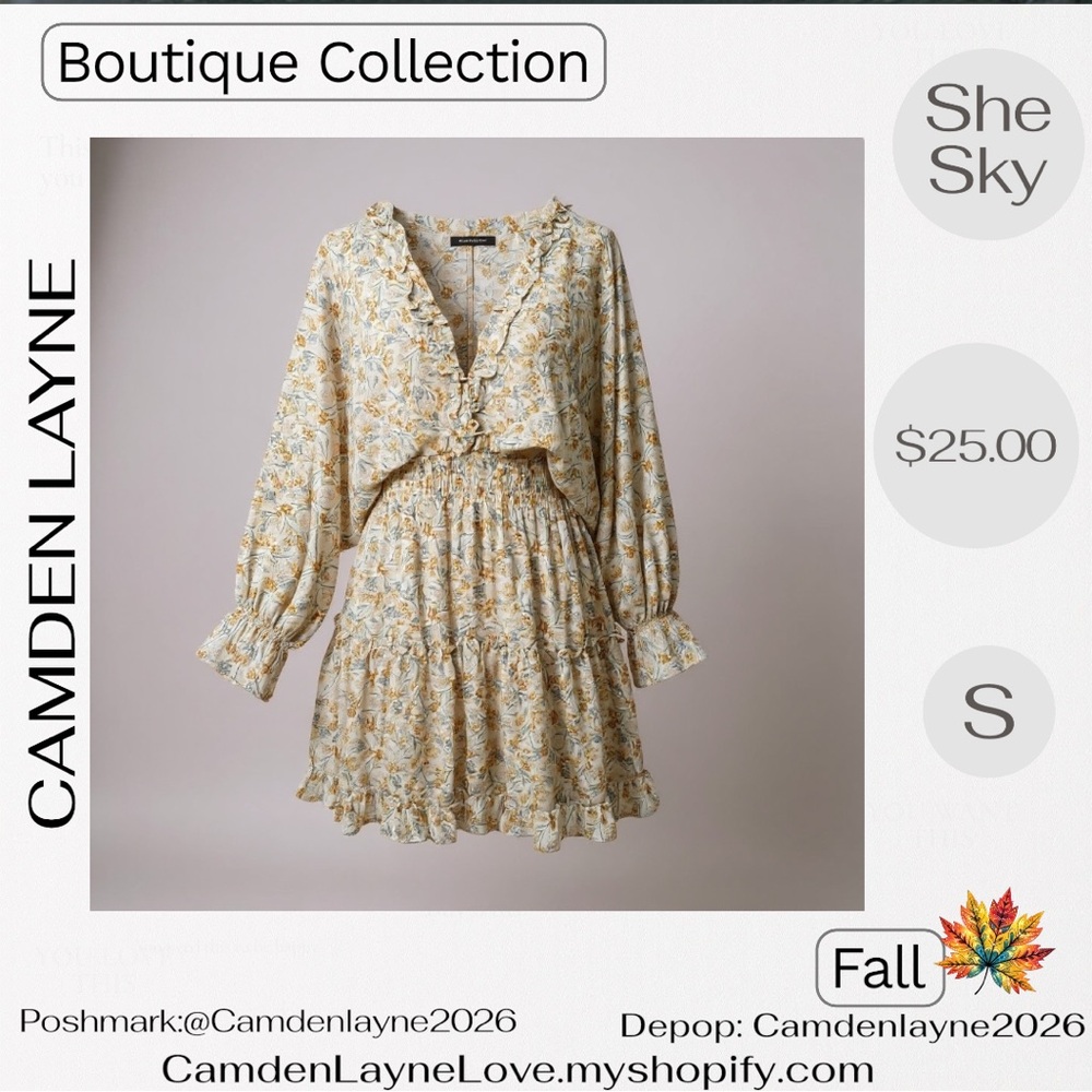 She + Sky Long Sleeve Floral Dress in Cream and Gold - Picture 2 of 11